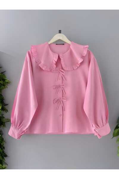 MODA Bebe Yaka Fiyonk Detaylı Etek Üstü Crop Gömlek