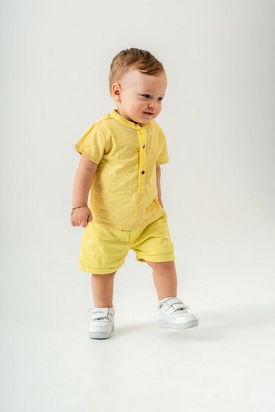 Magu Boys Cotton Yellow Button down Shirt Shorts Set - Short Sleeve Summer Suit