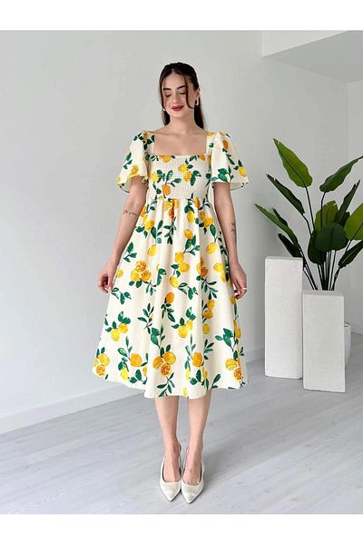 Lusin Rochie midi din popelin de vară, căptușită cu Gipeli, cu model de lămâie