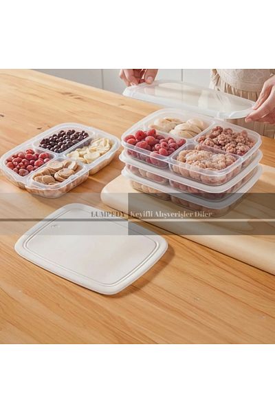 Lumpedy 5 Pieces 4 Compartment Kitchen and Refrigerator Organizer Deep Freezer Storage Box Container 1000ml
