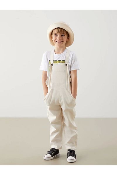LC Waikiki Kids Beige Square Collar 100% Cotton Gabardine Boy's Salopet
