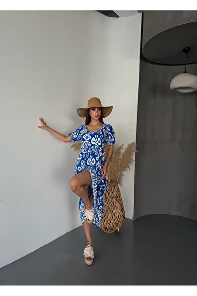 Diviny Women's Square Neck Short Sleeve Long Summer Viscose Dress