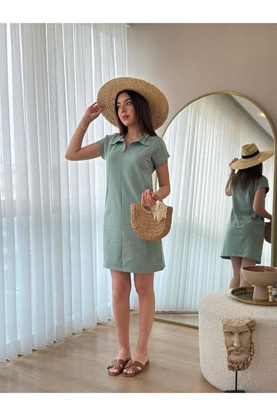 Gökyüzü Moda Women's Short Sleeve Collared Viscose Two Thread Dress