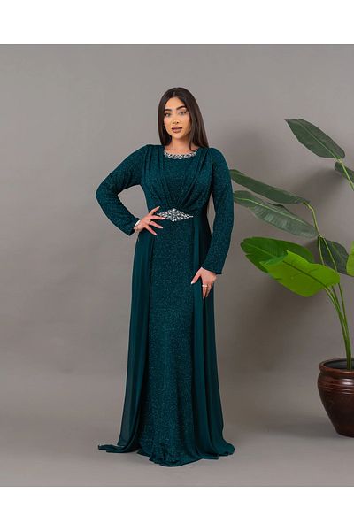 Efelif Βραδινό φόρεμα Hijab με μακρύ σιφόν και λεπτομέρεια από πέτρα ABU39842