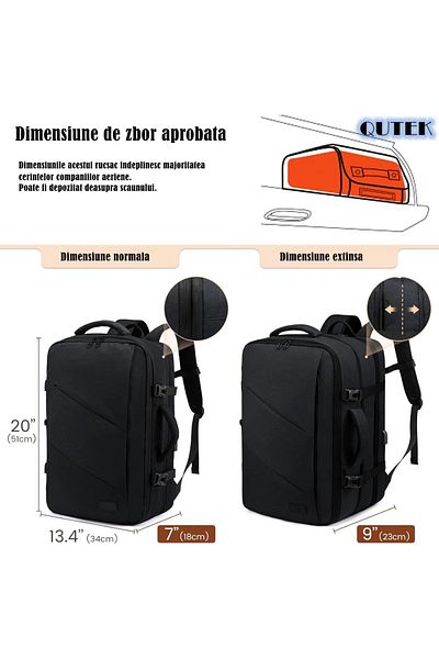 QuTek QuTek travel backpack, expandable up to 40L, flight luggage, suitable for laptops up to 17"