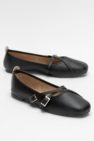 Liger Women's Cross Double Belted Ballerina Shoes Black
