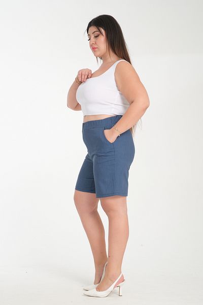 Gül Moda Silk Denim Shorts Plus Size Elastic Waist Light Blue G118-2