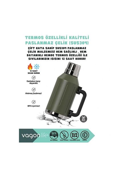 Vagonlife Vagonli̇fe Haers Stainless Steel Thermoses with Handle Vgn1004 1200 ml Moss Green