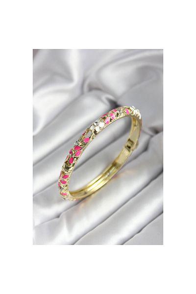 Findit Mineli Brass Pink Flower Patterned Gold Color Women's Handcuffs