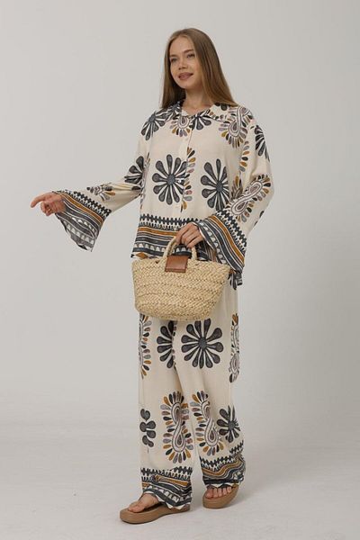 Viyamo Patterned Flared Sleeve Trousers Set - Anthracite