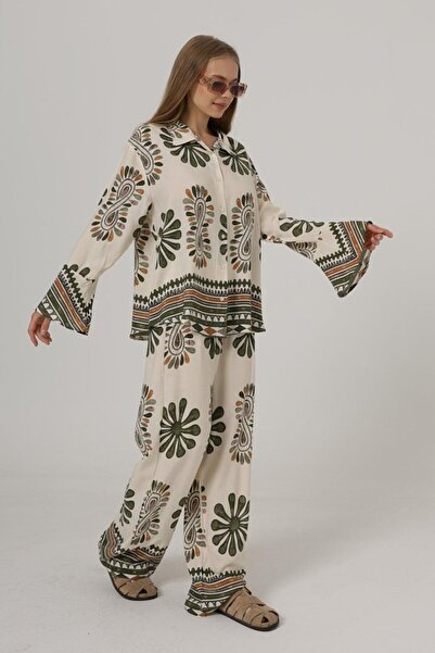 EyesOf Patterned Flared Sleeve Trousers Set - Khaki