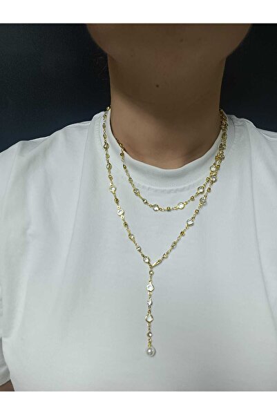 SEİL TAKI AKSESUAR Pirinç Üzeri Altın Kaplama Taşlı ve İncili Y Kolye