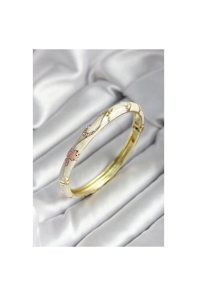 Findit Mineli Brass Off-White Flower Patterned Zircon Stone Gold Color Women's Handcuffs