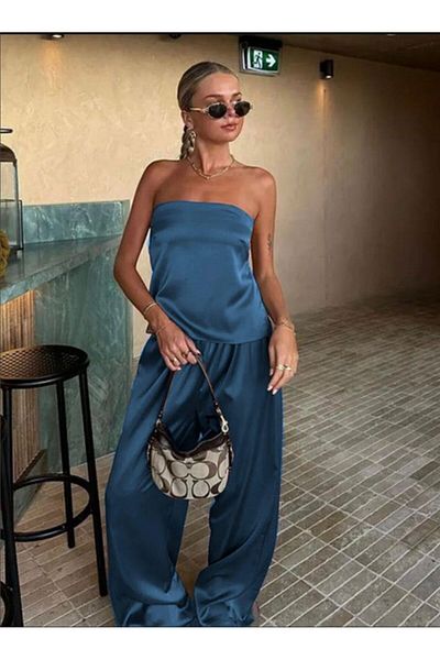Modayakamoz Γυναικείο Σετ Σατέν Λύκρα Στράπλες Διπλό Σετ
