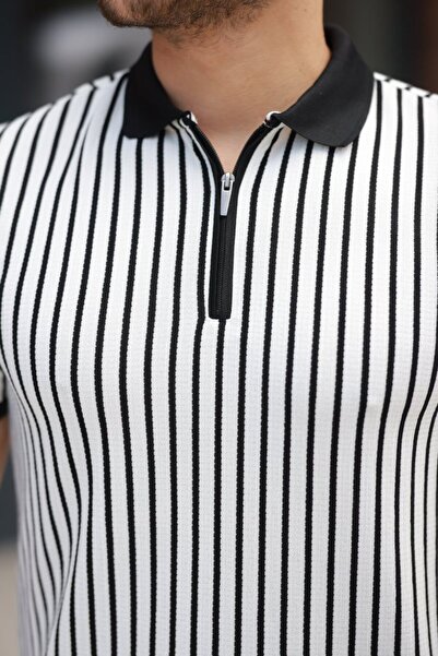 JANES Ανδρικό κοντομάνικο μπλουζάκι με ριγέ γιακά με φερμουάρ