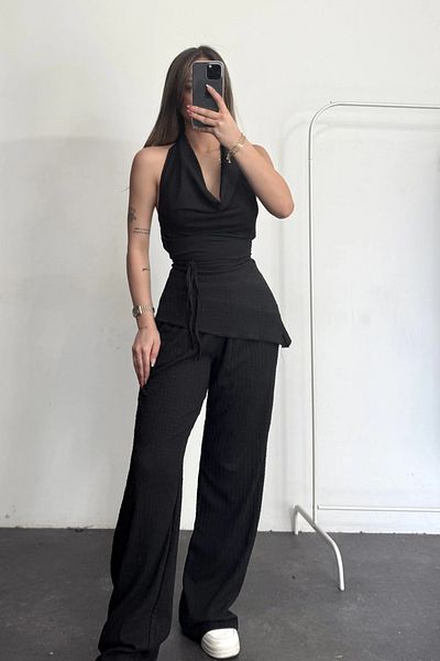 MOZENA Blouse Tie Detail Degaje Collar Blouse and Pants Set