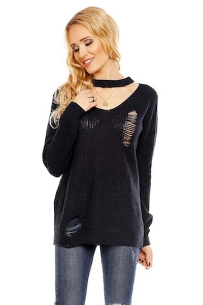 Gosse Women's Sweater with Choker and Tear Design, Dark Blue, One Size