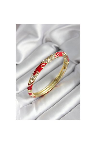 Findit Mineli Brass Red Flower Patterned Zircon Stone Gold Color Women's Handcuffs