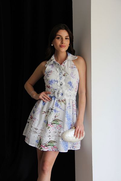 Julidress Patterned Lace Detailed Lined Belted Mini Short Length Premium Linen Dress