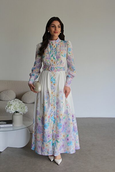 Julidress Patterned Buttoned Lined Belted Maxi Long Length Premium Design Dress