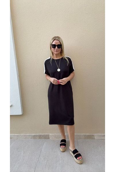 İpeksi Silky Women's Short Sleeve Stripe Detail Midi Length Dress