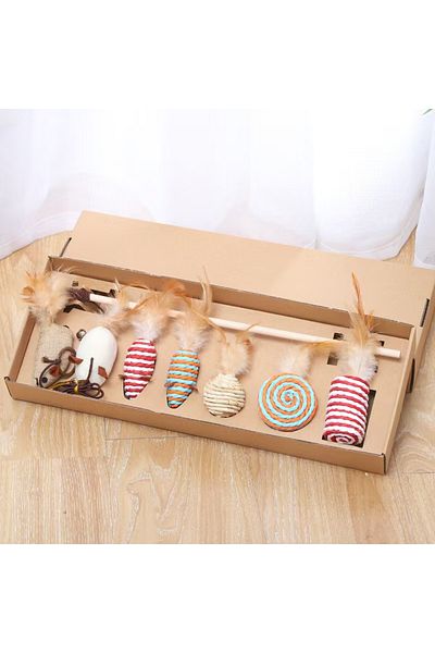 TaoTaoPets 7 Pcs Interactive Cat Feather Wand Toy Set, Activity Cat Nip Toys Feather Toys Collection Gift Box