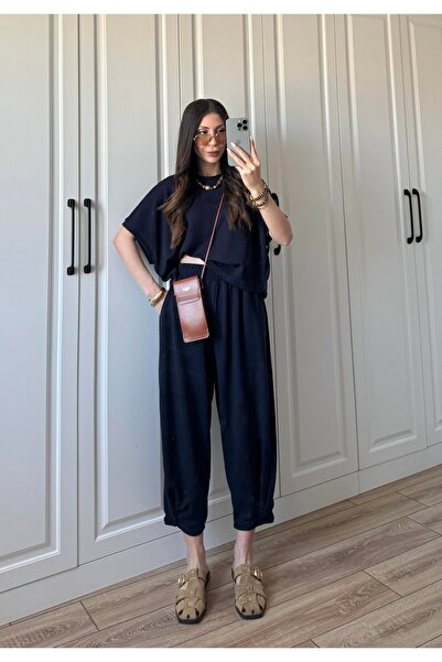 manana fashion Set de pantaloni largi modal cu decolteu bleumarin