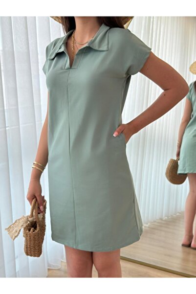 JANES Kadın Kısa Kollu Yakalı Viskon Iki Iplik Elbise