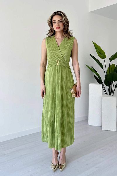 Aventien Rochie midi verde plisată cu accesorii în talie