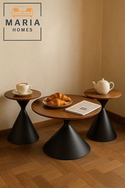 MARIA HOMES Modern Walnut Coffee Table Set – 3-Piece Round Center and Side Tables with Black Cone Base