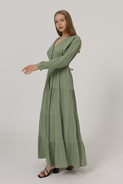 JANES Half Button Front Long Sleeve Belted Dress - Khaki