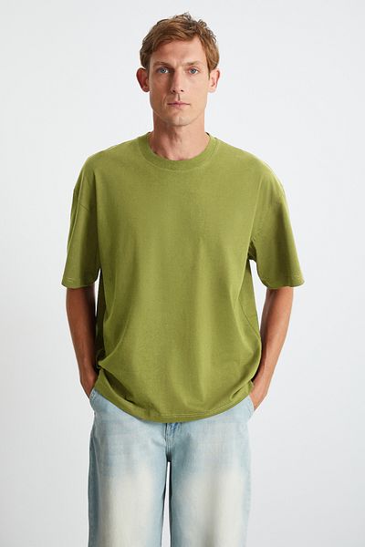GRIMELANGE Ανδρικό μπλουζάκι JETT Oversize Fit 100% οργανικό βαμβάκι με χοντρή υφή με γιακά ποδηλάτου ανοιχτό πράσινο μπλουζάκι