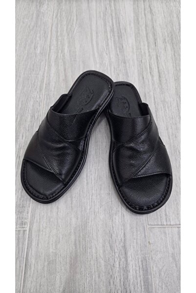 MODESA BY KAVCAR Genuine Real Leather Men's Slippers Summer Lightweight Anti-Sweat Slippers Leather Black