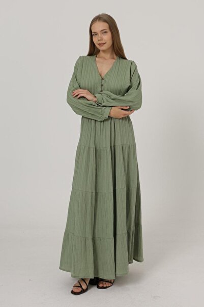 JANES Half Button Front Long Sleeve Belted Dress - Khaki