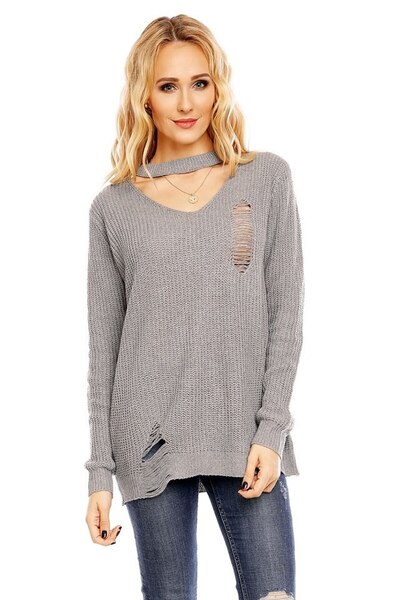 Gosse Women's Choker Ripped Sweater, Gray, One Size