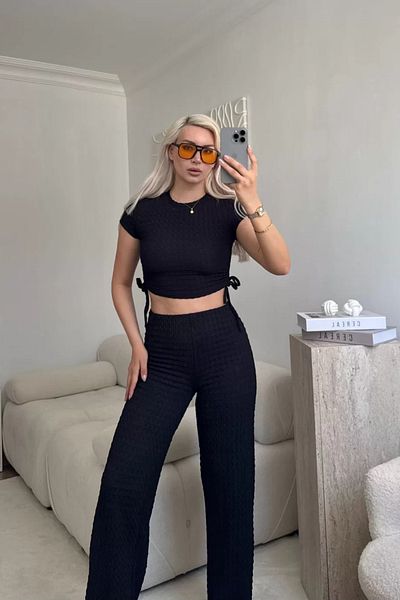 MOZENA Side Gathered Crop Blouse and Pants Set