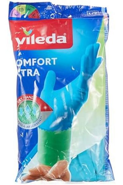 Vileda Comfort Extra Reusable Rubber Gloves L, Latex, Absorbent Interior, Protects Your Skin, Blue &