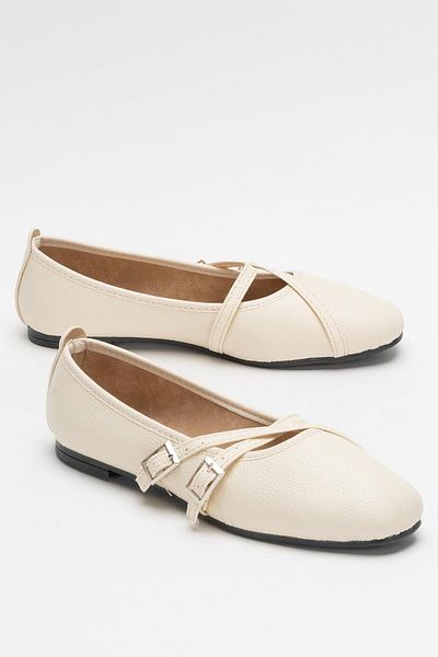 Liger Women's Cross Double Belted Ballerina Shoes Cream