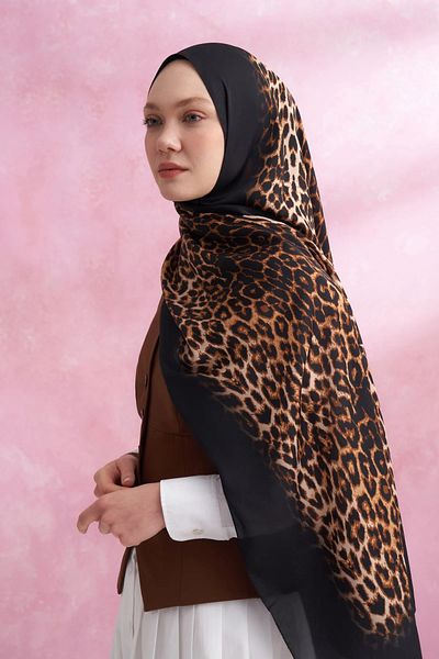 ARMANDA Leopard Voile Degraded Pattern Shal - Black - Camel