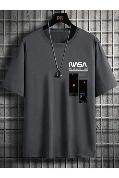 VBSVİBES Smoked Nasa Printed Single Jersey T-Shirt - Oversize Crew Neck Short Sleeve T-Shirt