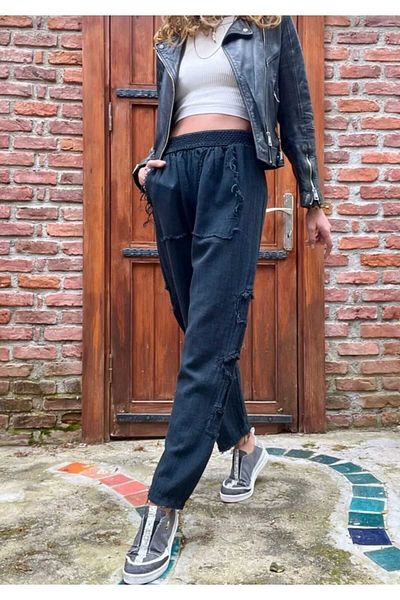 pier moda Stitching Details Dirty Planting Linen Trousers -Comfortable - 100% Cotton Linen Woven Black Color