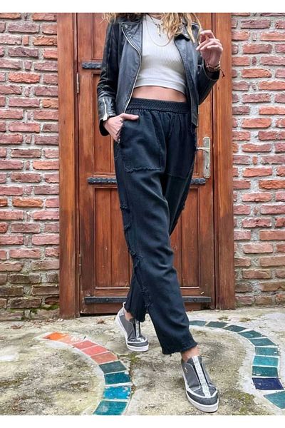 pier moda Stitching Details Dirty Planting Linen Trousers -Comfortable - 100% Cotton Linen Woven Black Color