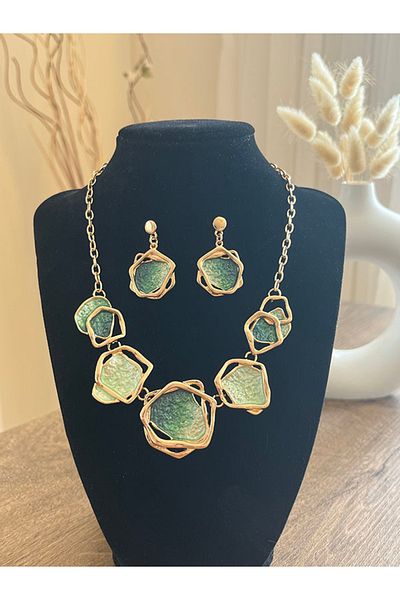 Büyük Hanım Geometric Model Vintage Elegant Metal Necklace Earring Set