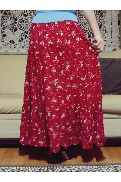 hoaryage Bohemian, Ethnic Printed Long Skirt, Holiday Beach Dress, Elastic Waist, Mevlana Viscose with 3 Layers of Ruffles