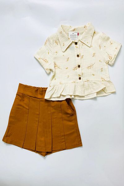TUOBEBE Girl's Pleated Shorts Skirt Muslin Shirt 2-Piece Set