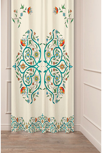 GREENDECOR Ethnic Anatolian Motif Flower Pastel Bohemian Special Design Digital Printed (Single Wing) Beige Cream Background Curtain
