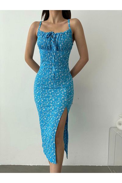 hello mymoda Women's Blue Wrinkle Fabric Dress with Adjustable Drawstring and Slit Strap Dress