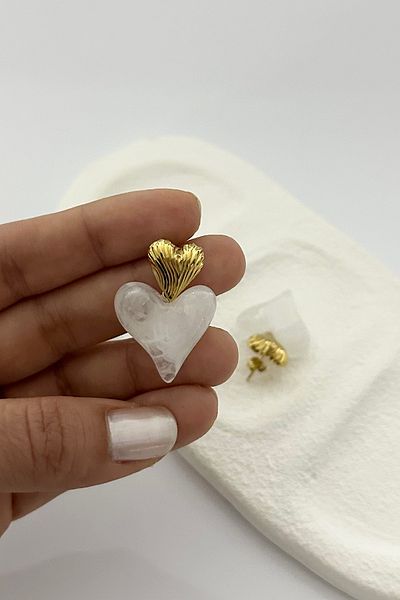 DELEIZA ACCESSORY Steel Gold White Heart Stone Detailed Earrings