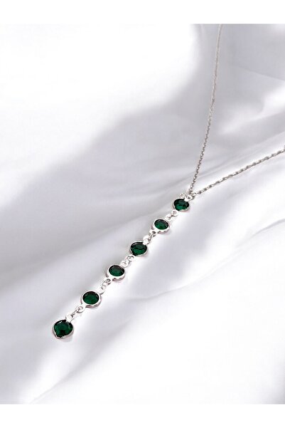 MAC CENTER Row Green Stone Steel Y Steel Women's Necklace-Women's Necklace -W...