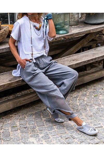 pier moda Bohemian Style Gray Linen Shalwar Pants - 100% Cotton Mesh